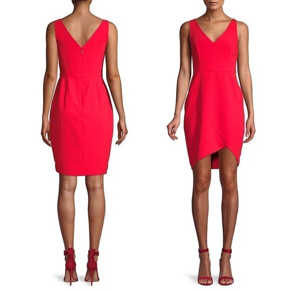 BCBGMAXAZRIA Red Sleeveless Double-V Asymmetrical Mini Tulip Cocktail Dress 8 - Picture 2 of 7